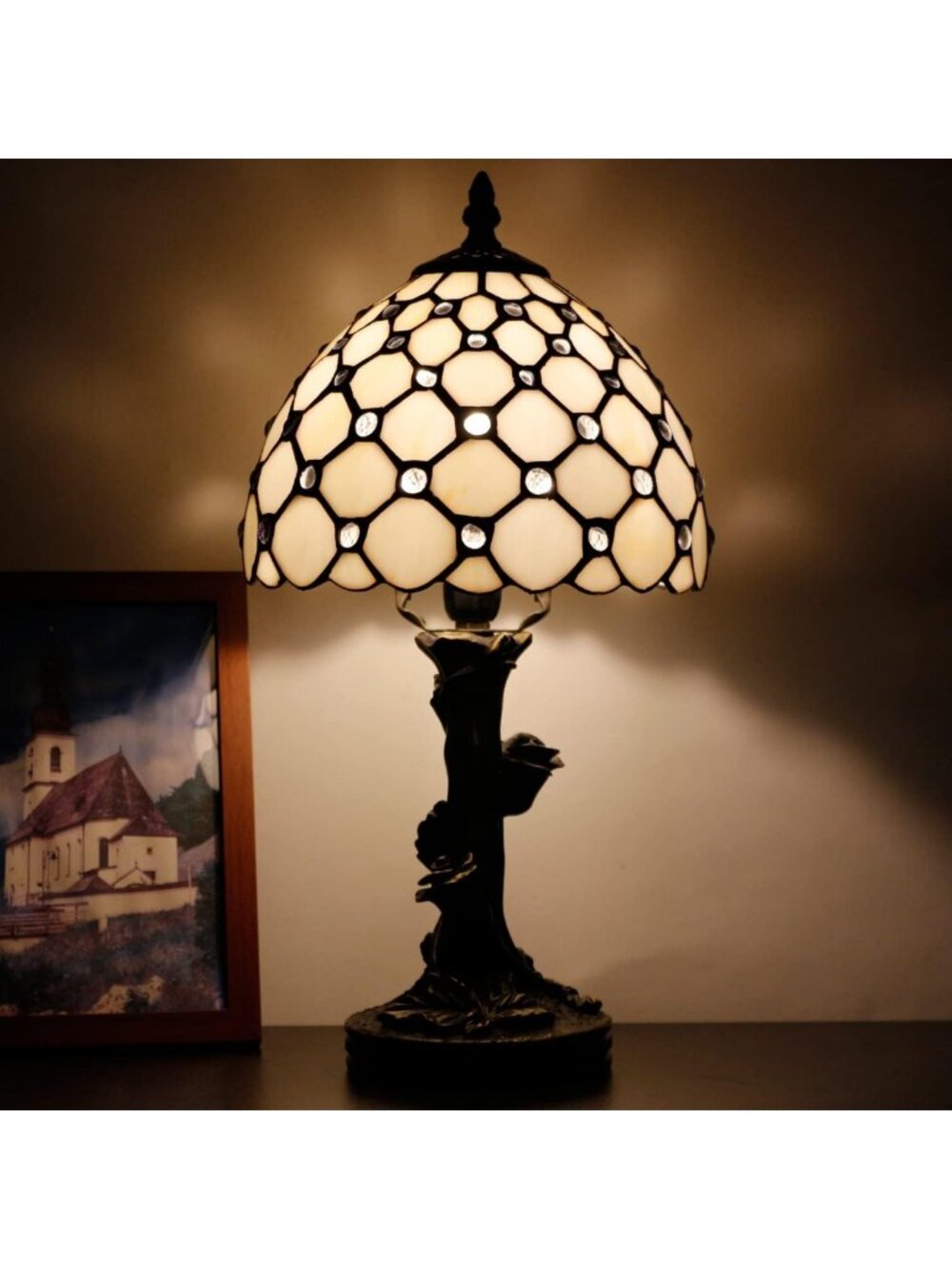 Stained Glass Table Lamp with White Crystal Beads - Elegant Home Decor Lighting